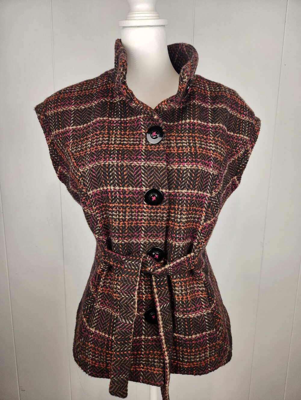 CAbi Wool Blend Tweed Sweater Vest Womens M Brown Pink Plaid Buttons Waist Tie